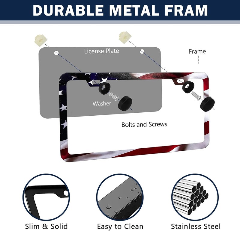 LIN KANG Patriotic American Flag License Plate Frame Holder - 2 Pack Universal Aluminum Matte Stripe US Flag Gloss Car Plate Frame Covers with 2 Holes and Screws Fasteners Caps - Image 3
